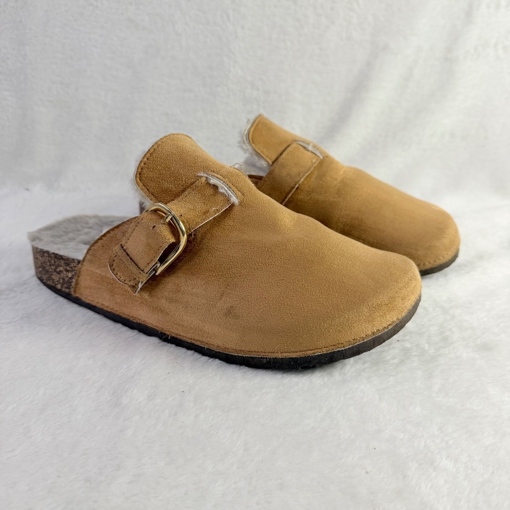 Streetwear Society Clogs Women Size 10 Tan Faux Suede Fur Lined Buckle Mules